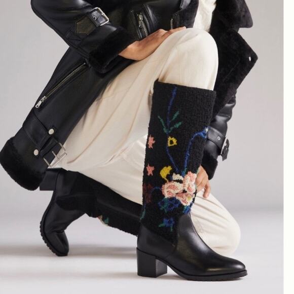 NWT Anthropologie Emily Isabella Black Leather Wool Flower Boots Size - Picture 3 of 15